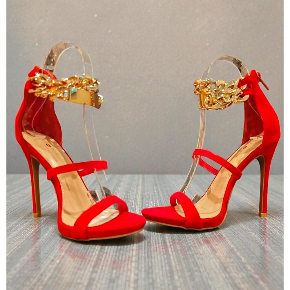 Red High Heel Sandals With Gold Chain Ankle Strap - Picture 3 of 10